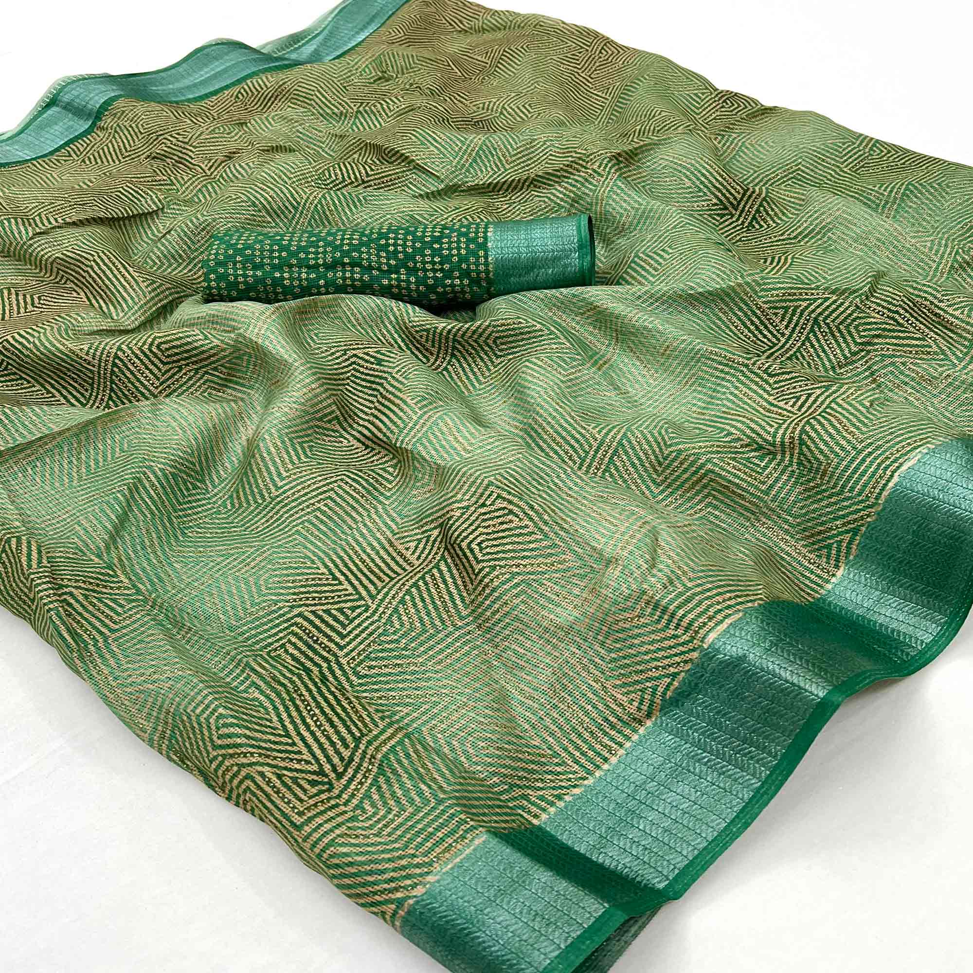 Green Foil Printed Kota Doria Saree