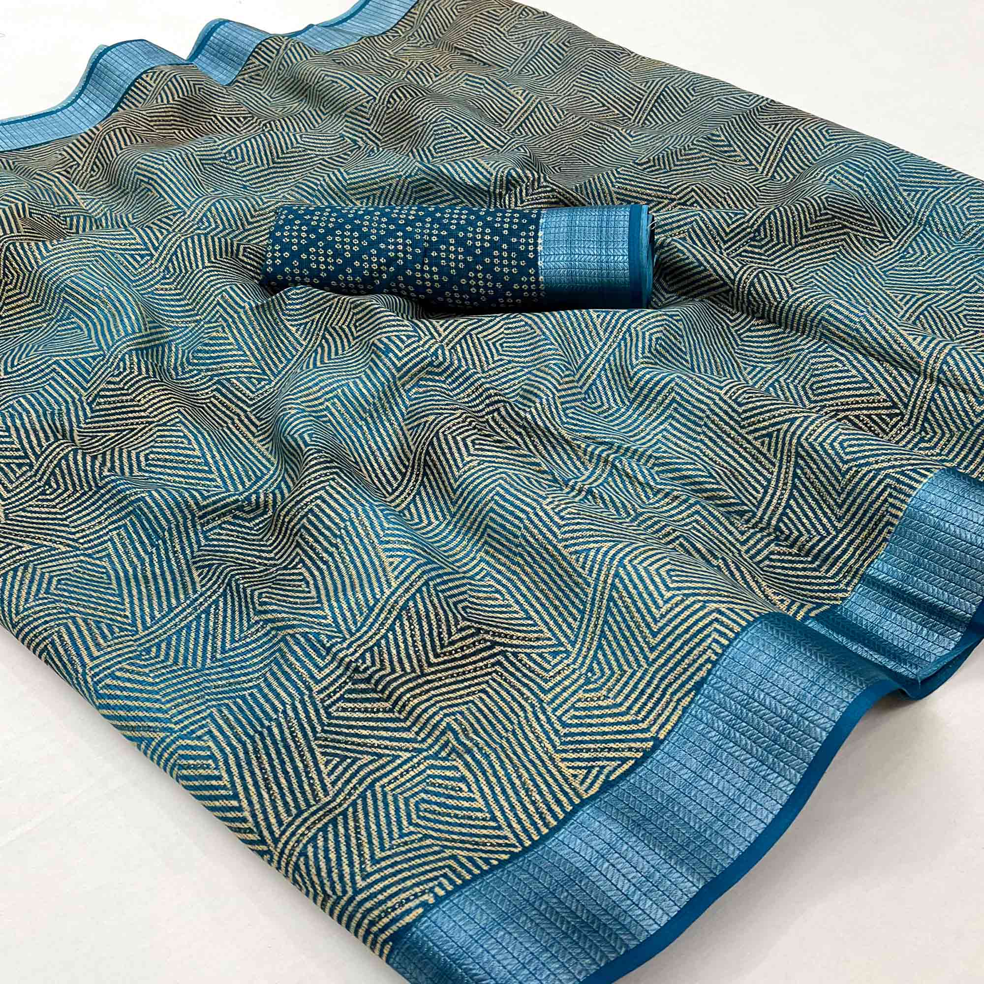 Blue Foil Printed Kota Doria Saree