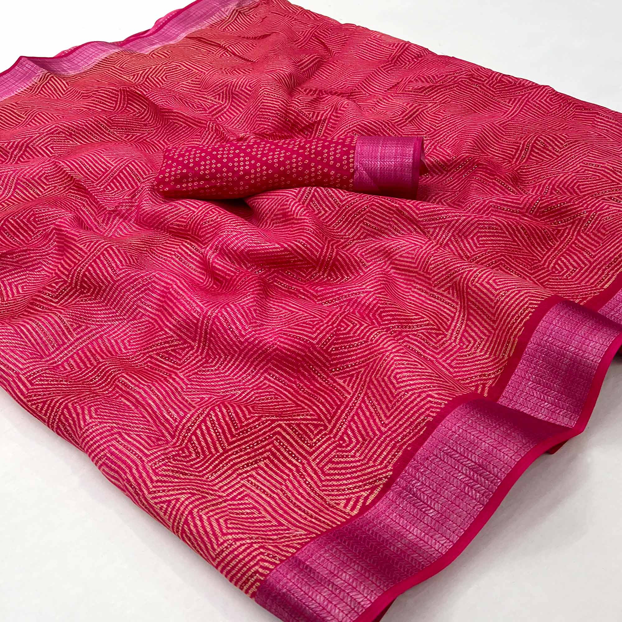 Rani Pink Foil Printed Kota Doria Saree