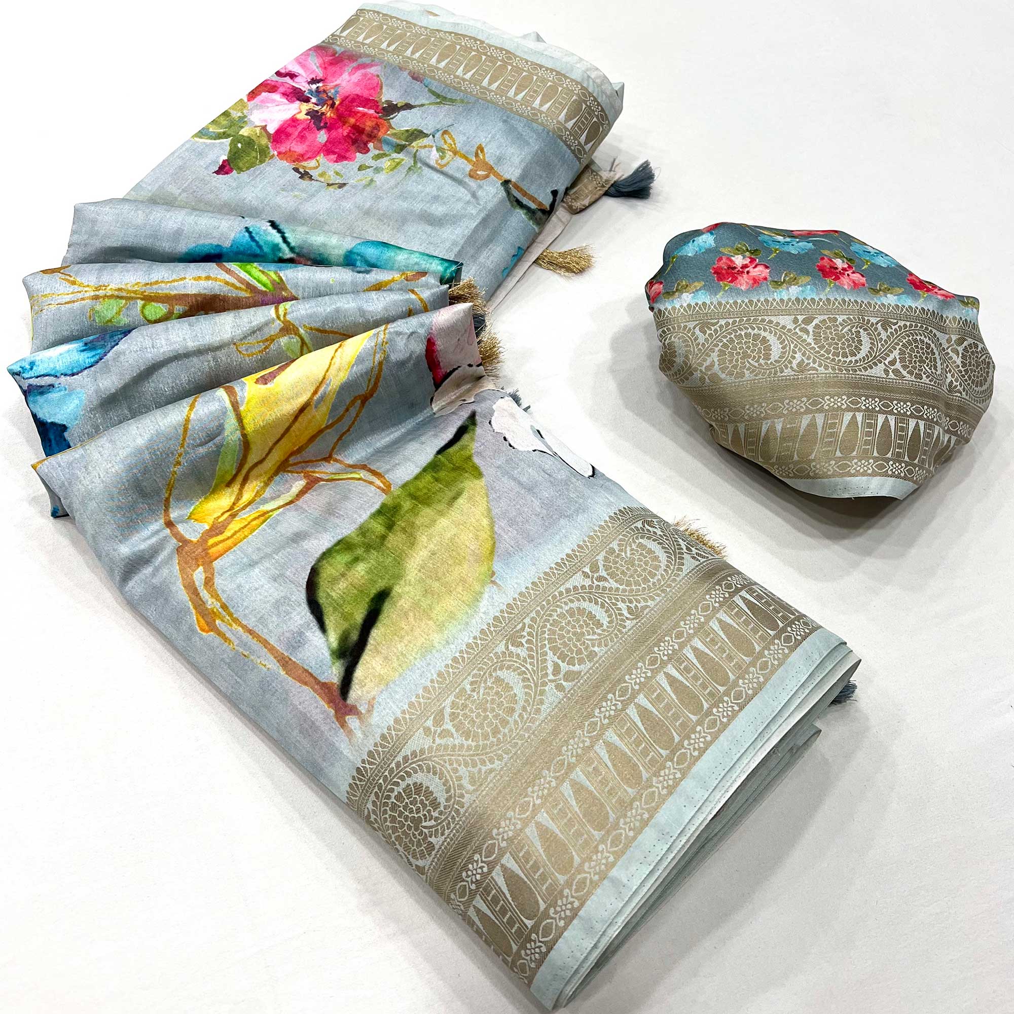 Grey Digital Printed Dola Silk Saree With Woven Border