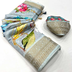 Grey Digital Printed Dola Silk Saree With Woven Border