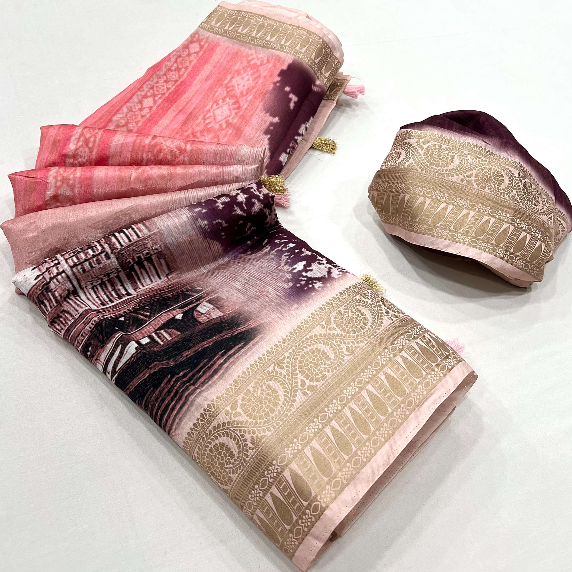 Pink & Wine Digital Printed Dola Silk Saree With Woven Border