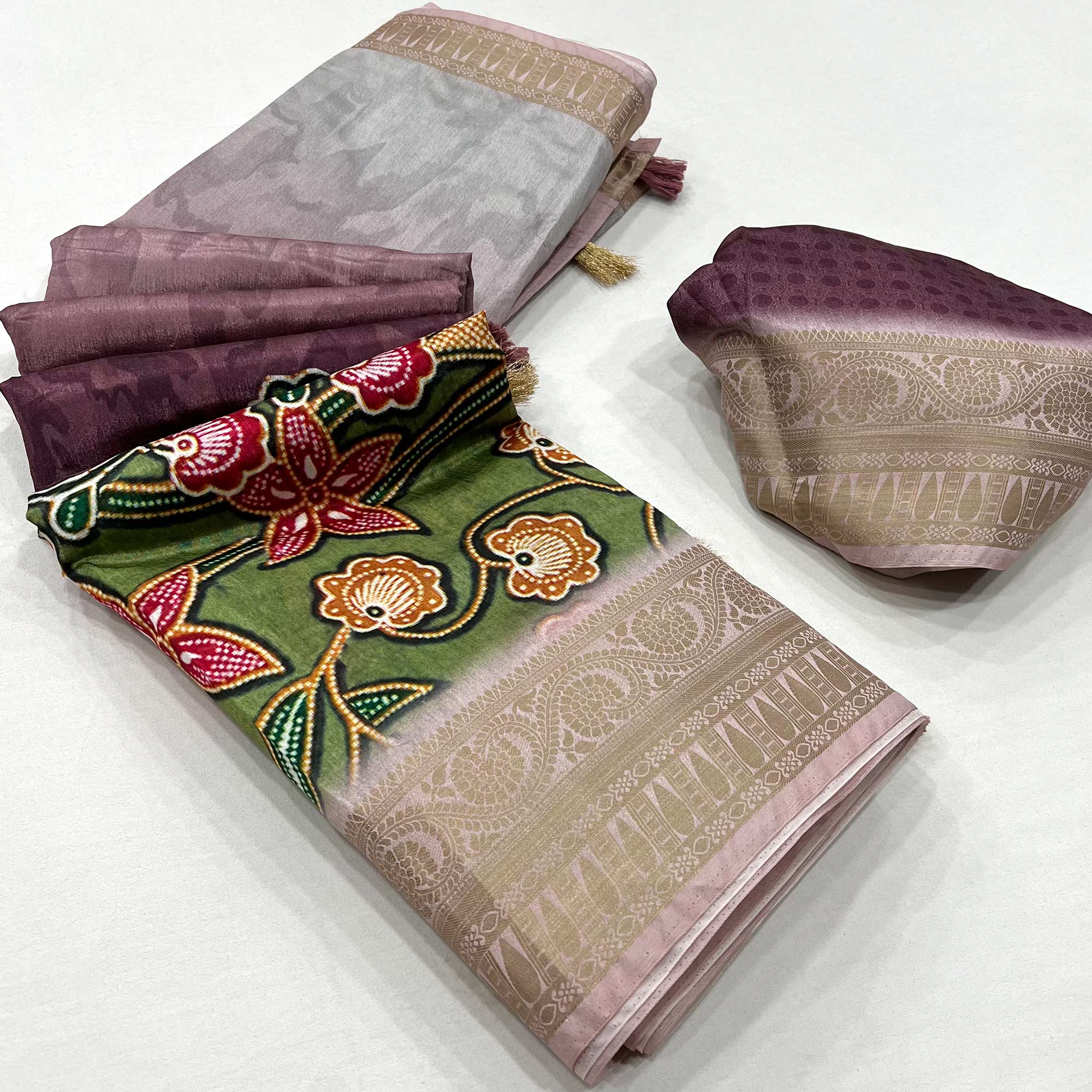 Purple & Green Digital Printed Dola Silk Saree With Woven Border