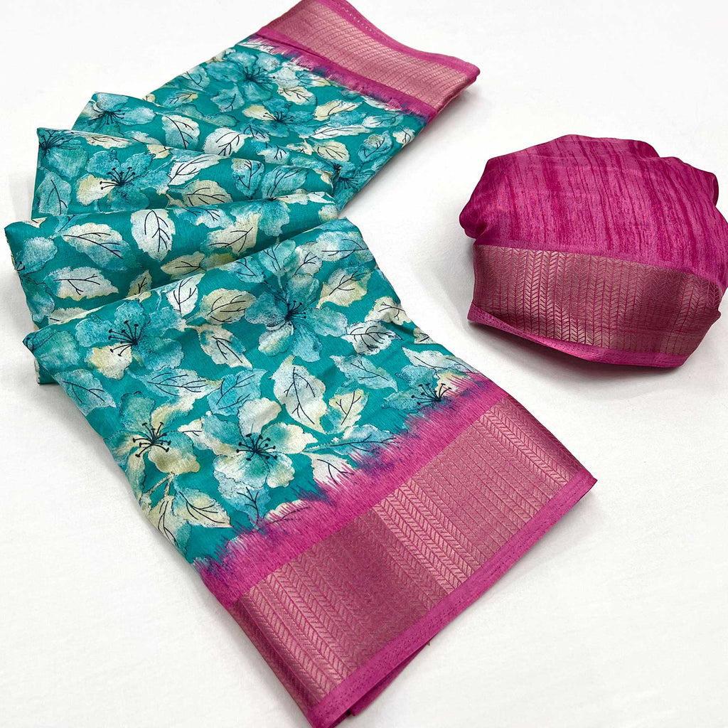Women's Dola Silk Teal blue Printed Designer Saree With Blouse Piece