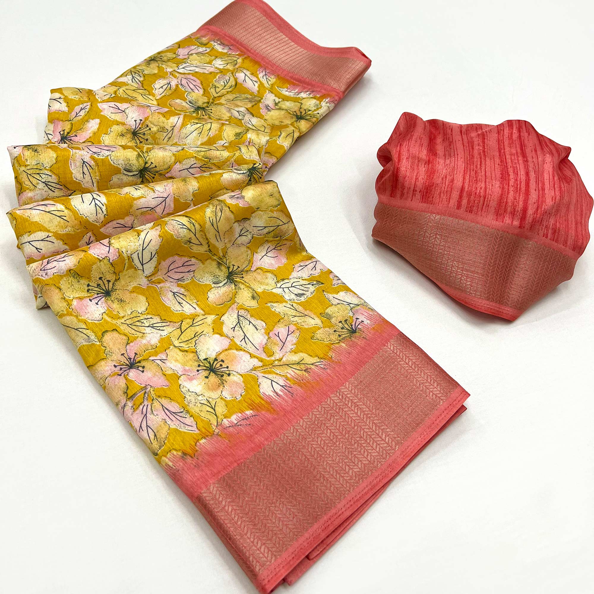 1Yellow Floral Printed Dola Silk Saree With Woven Border