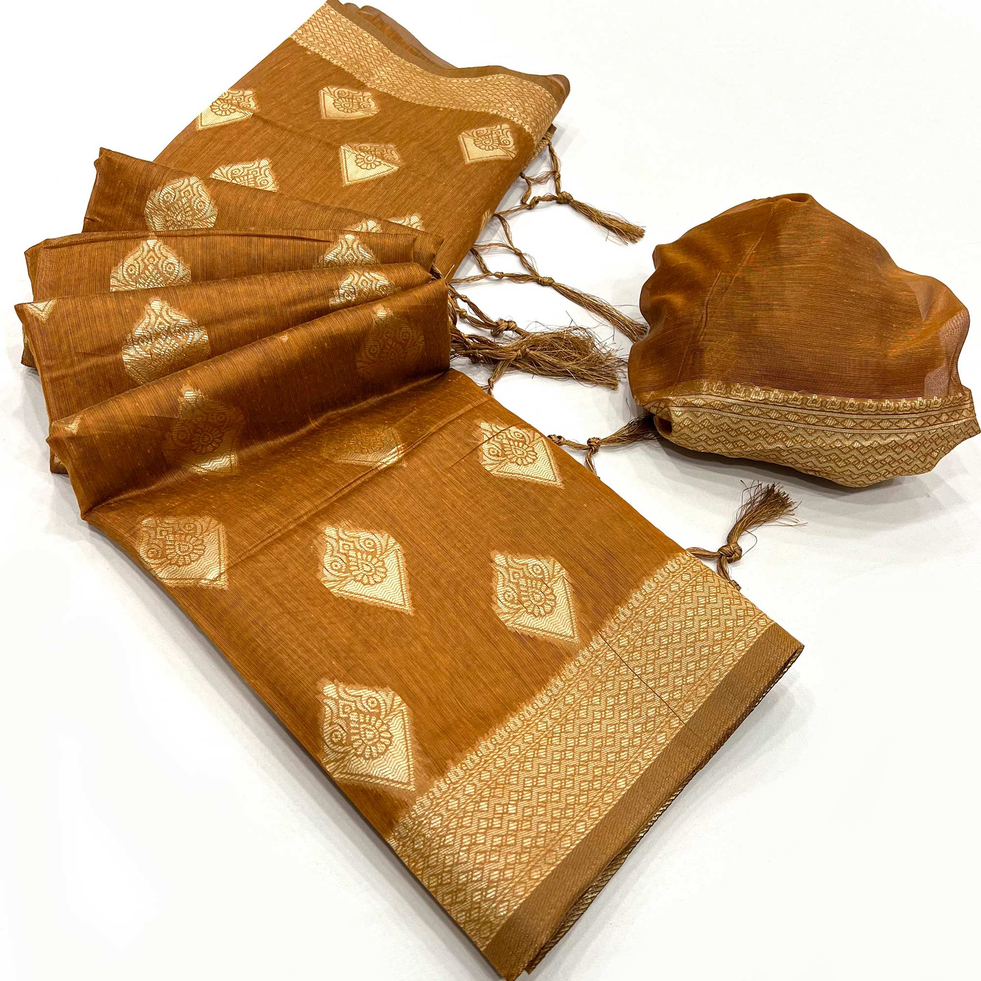 Mustard Woven Cotton Blend Saree With Tassels