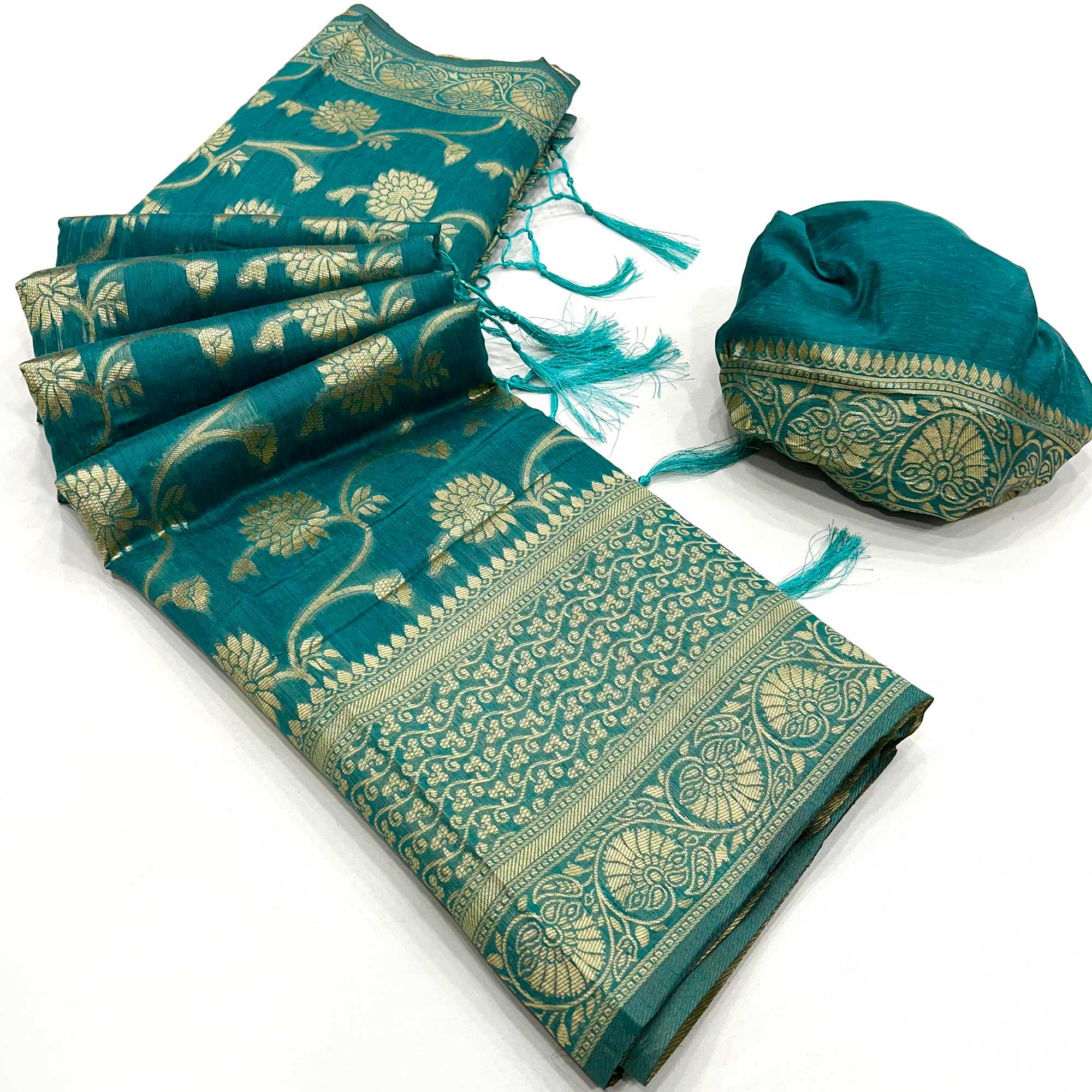 Teal Floral Woven Cotton Blend Saree With Tassels
