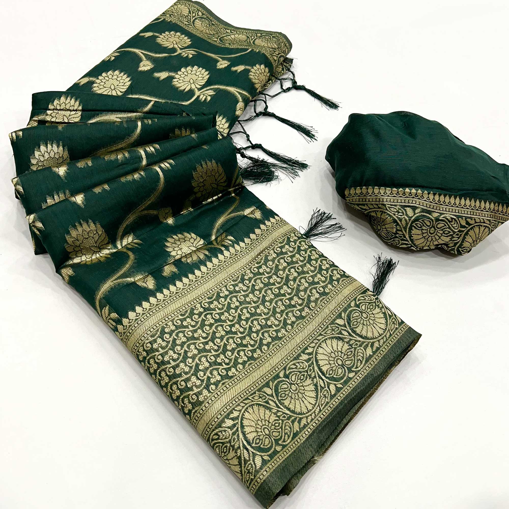Green Floral Woven Cotton Blend Saree With Tassels