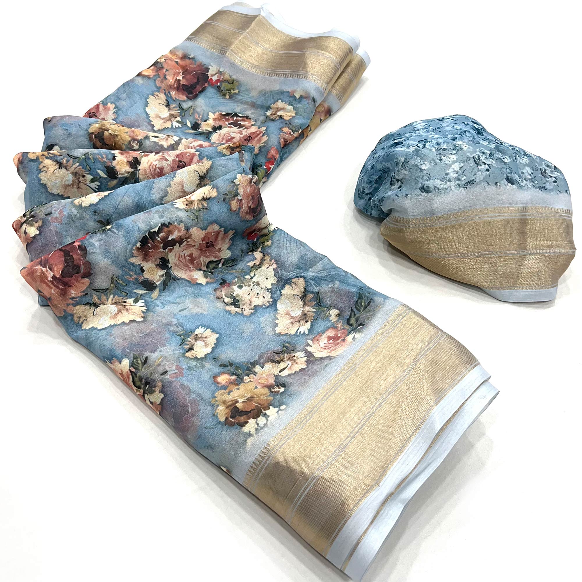 Sky Blue Floral Digital Printed Georgette Saree With Zari Border