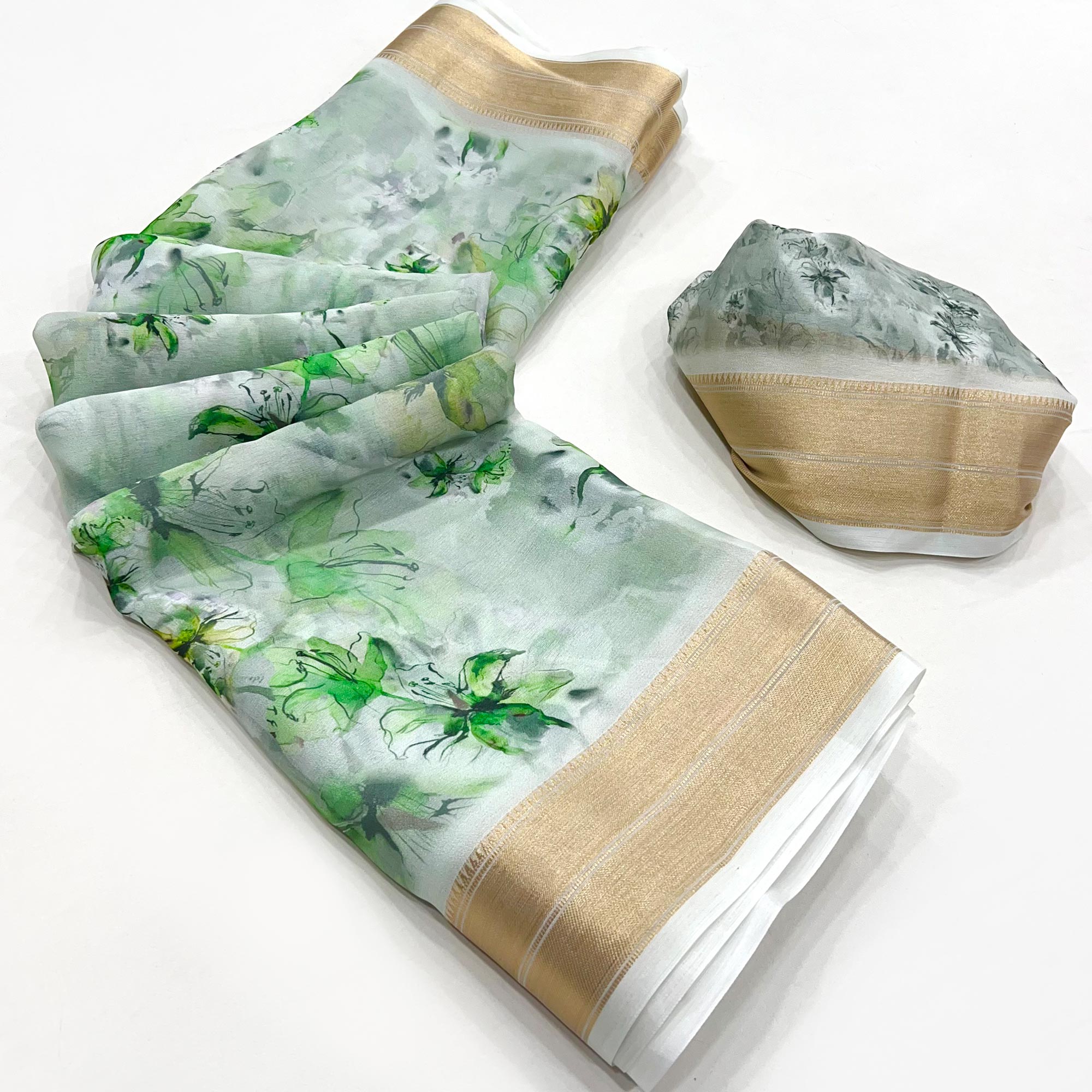 Green Floral Digital Printed Georgette Saree With Zari Border