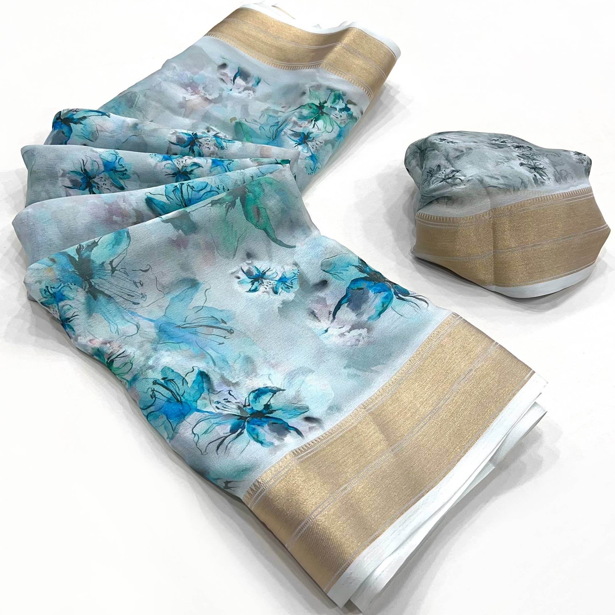 Blue Floral Digital Printed Georgette Saree With Zari Border