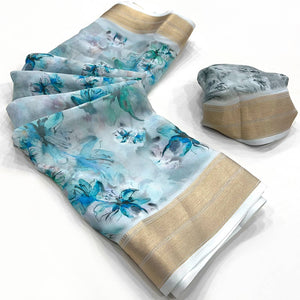 Blue Floral Digital Printed Georgette Saree With Zari Border