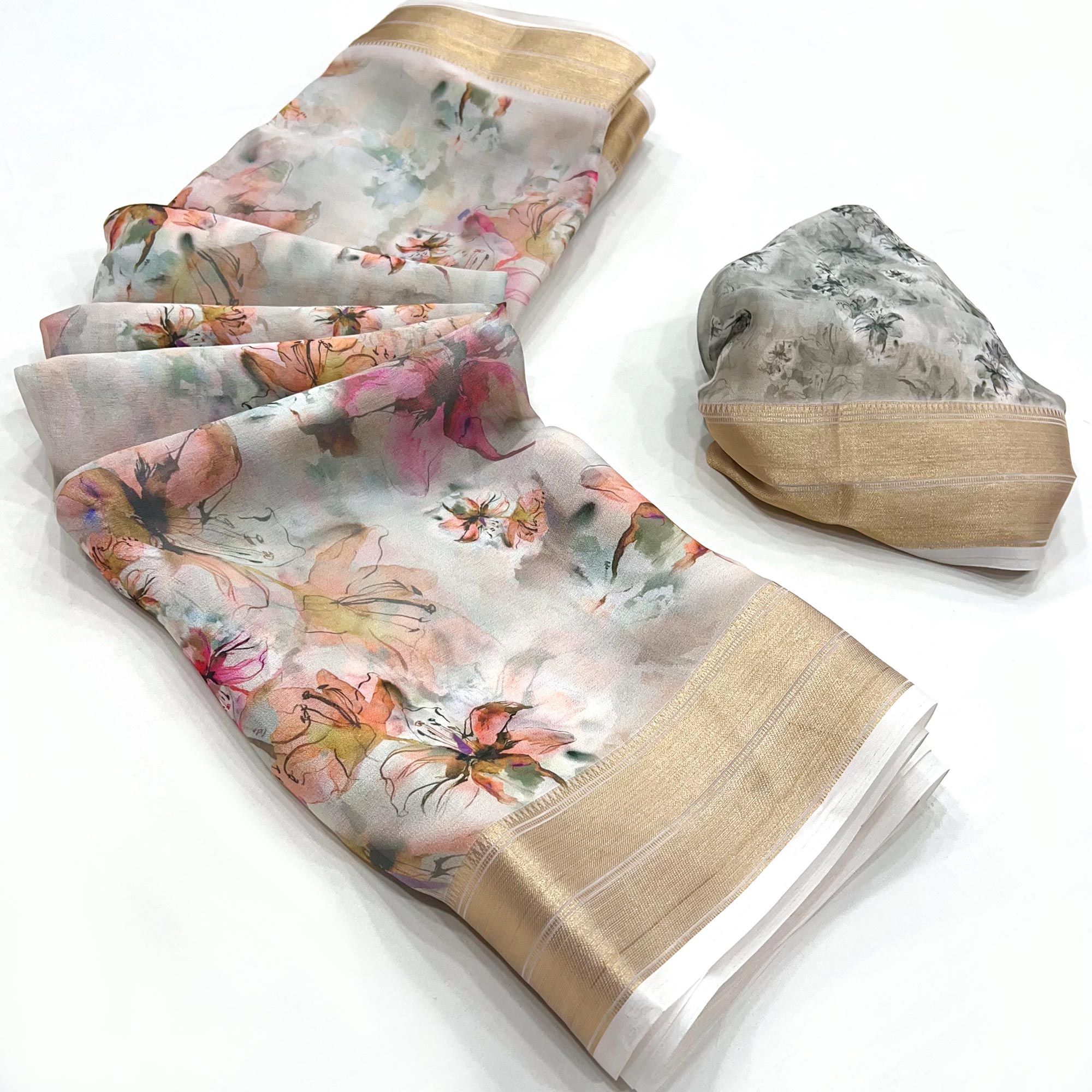 Grey Floral Digital Printed Georgette Saree With Zari Border