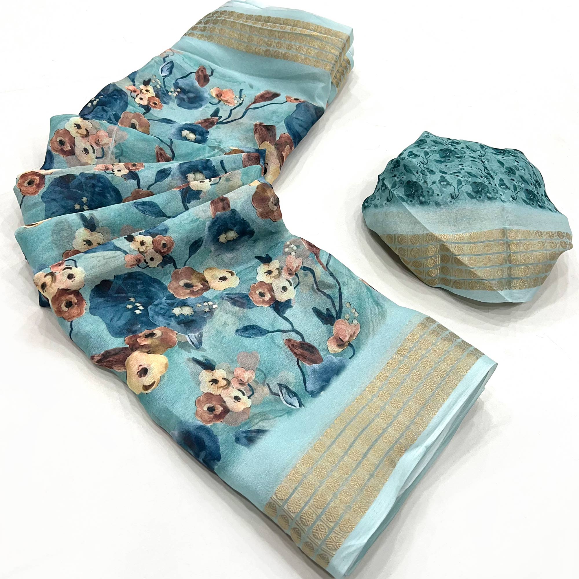 Blue Floral Digital Printed Georgette Saree With Zari Border