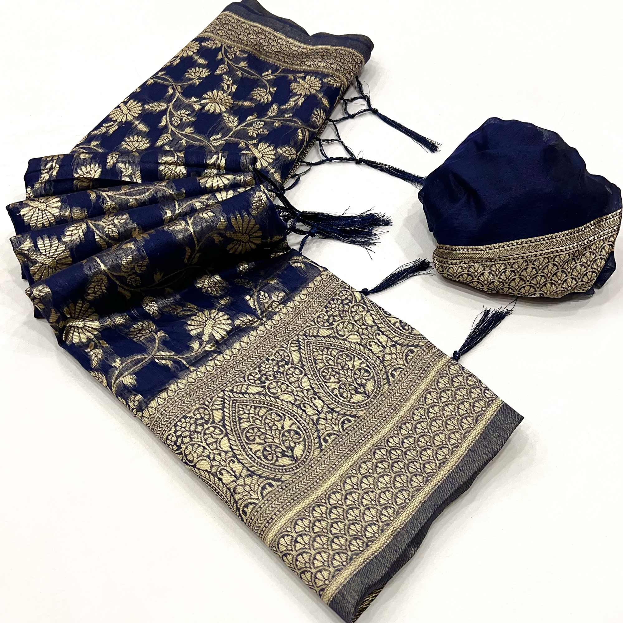 Blue Floral Woven Cotton Blend Saree With Tassels