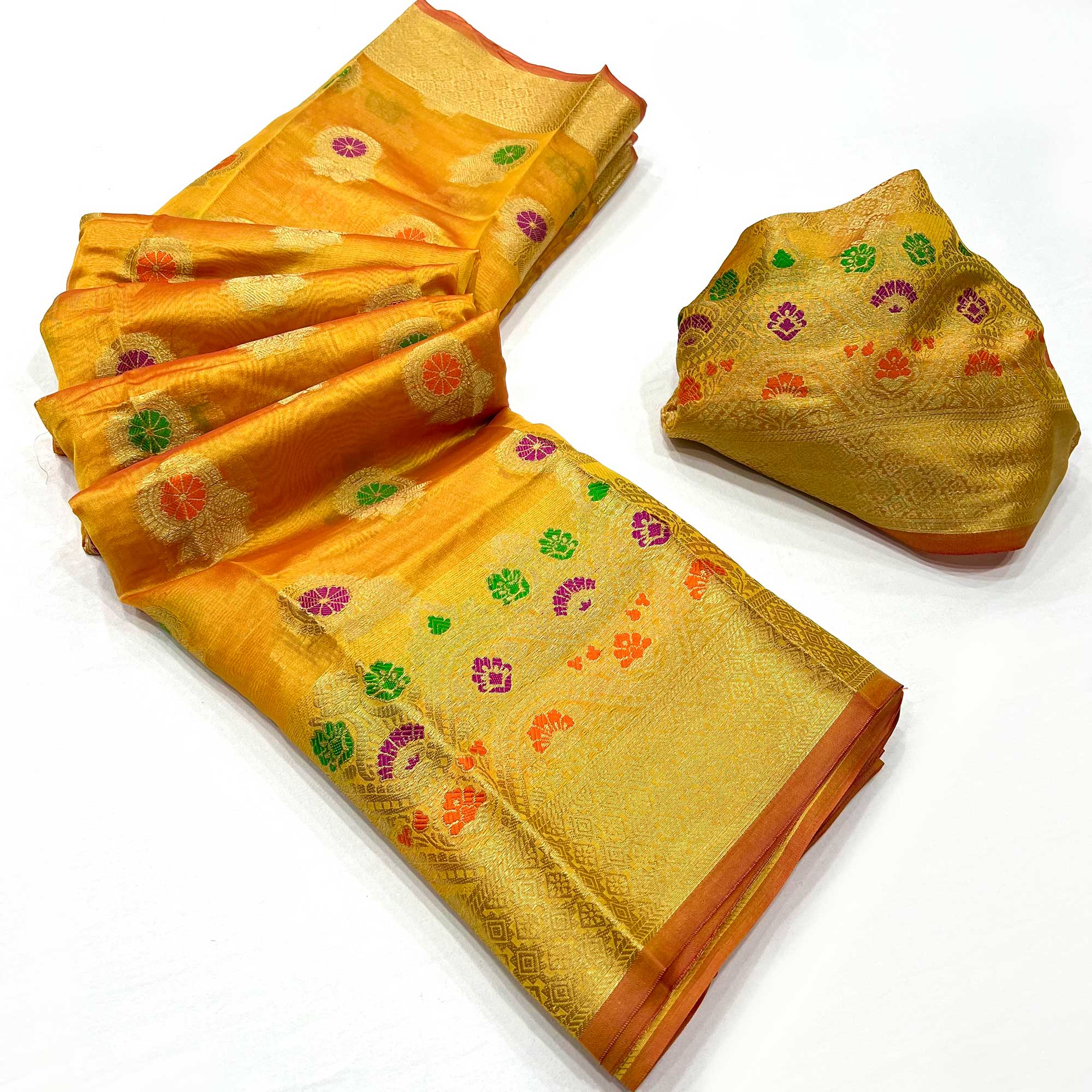 Mustard Floral Woven Organza Saree