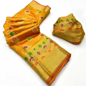 Mustard Floral Woven Organza Saree