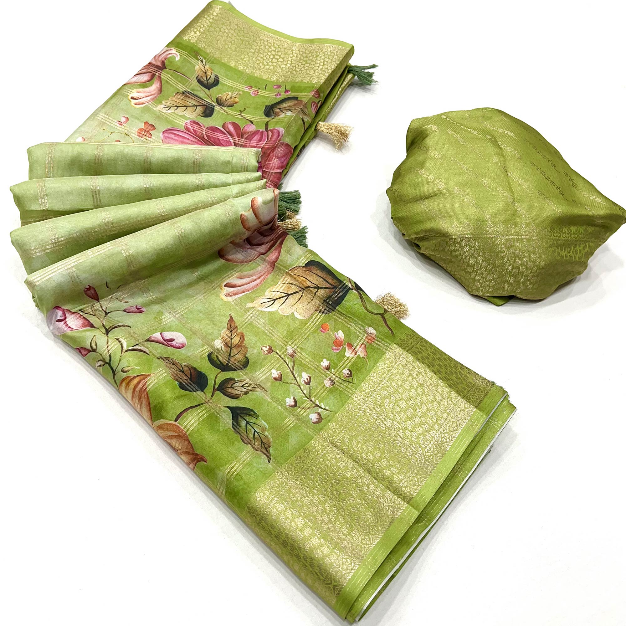 Green Woven With Floral Digital Printed Fancy Fabric Saree