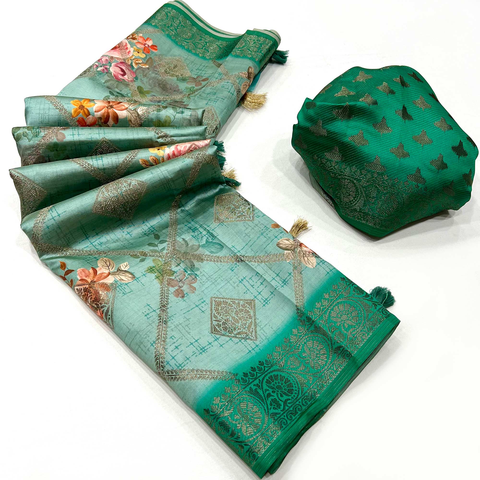 Sea Green Woven With Floral Digital Printed Raw Silk Saree
