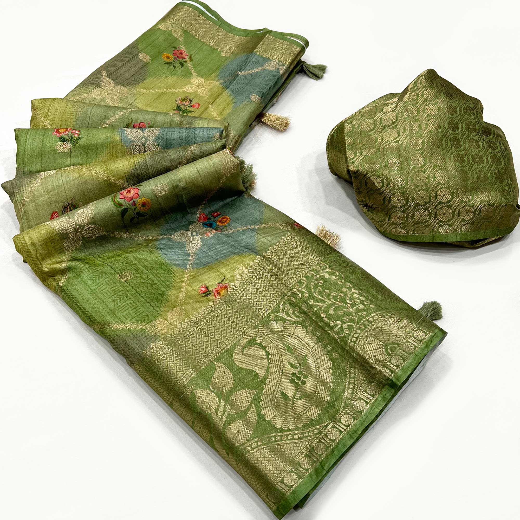 Green Woven With Floral Digital Printed Raw Silk Saree