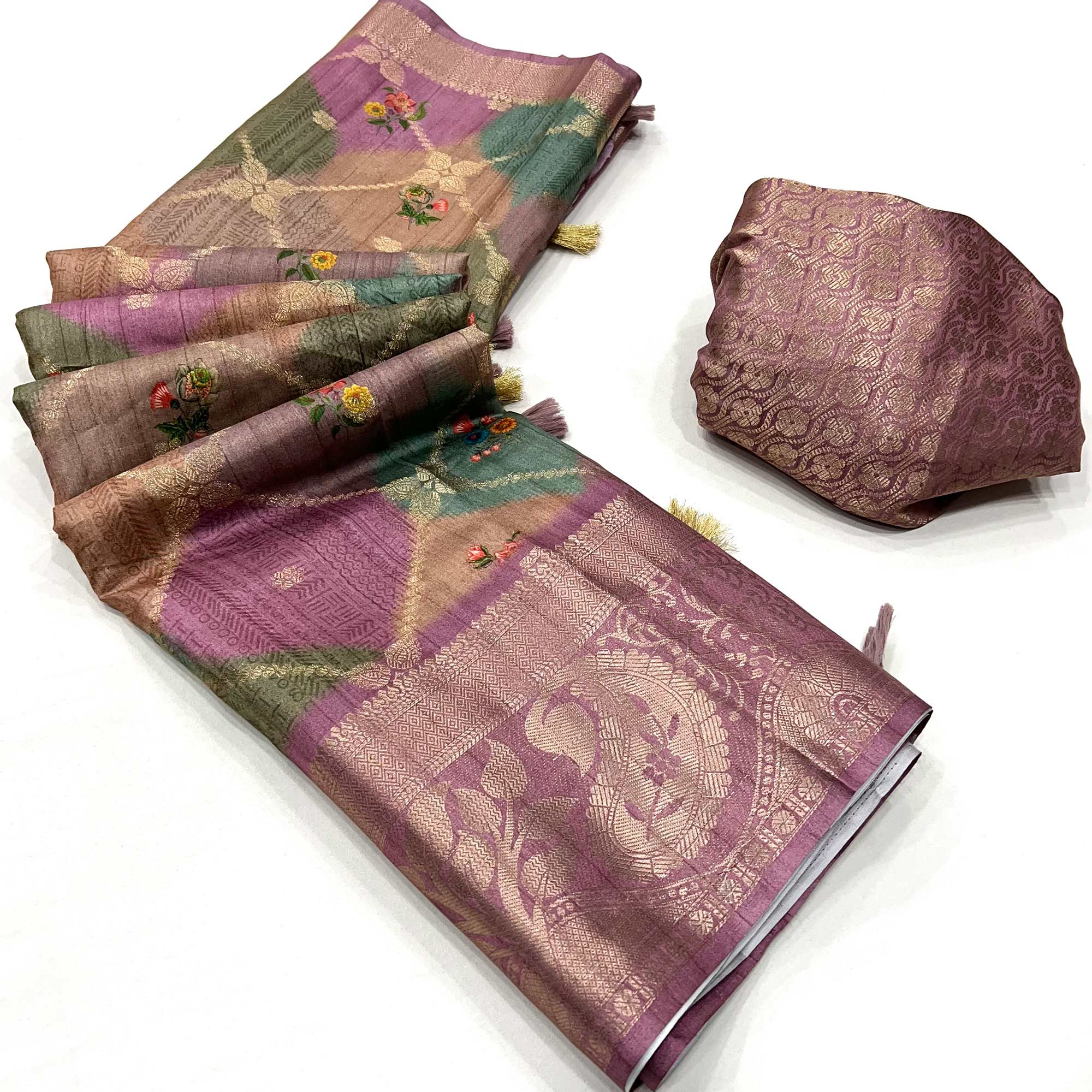 Purple Woven With Floral Digital Printed Raw Silk Saree