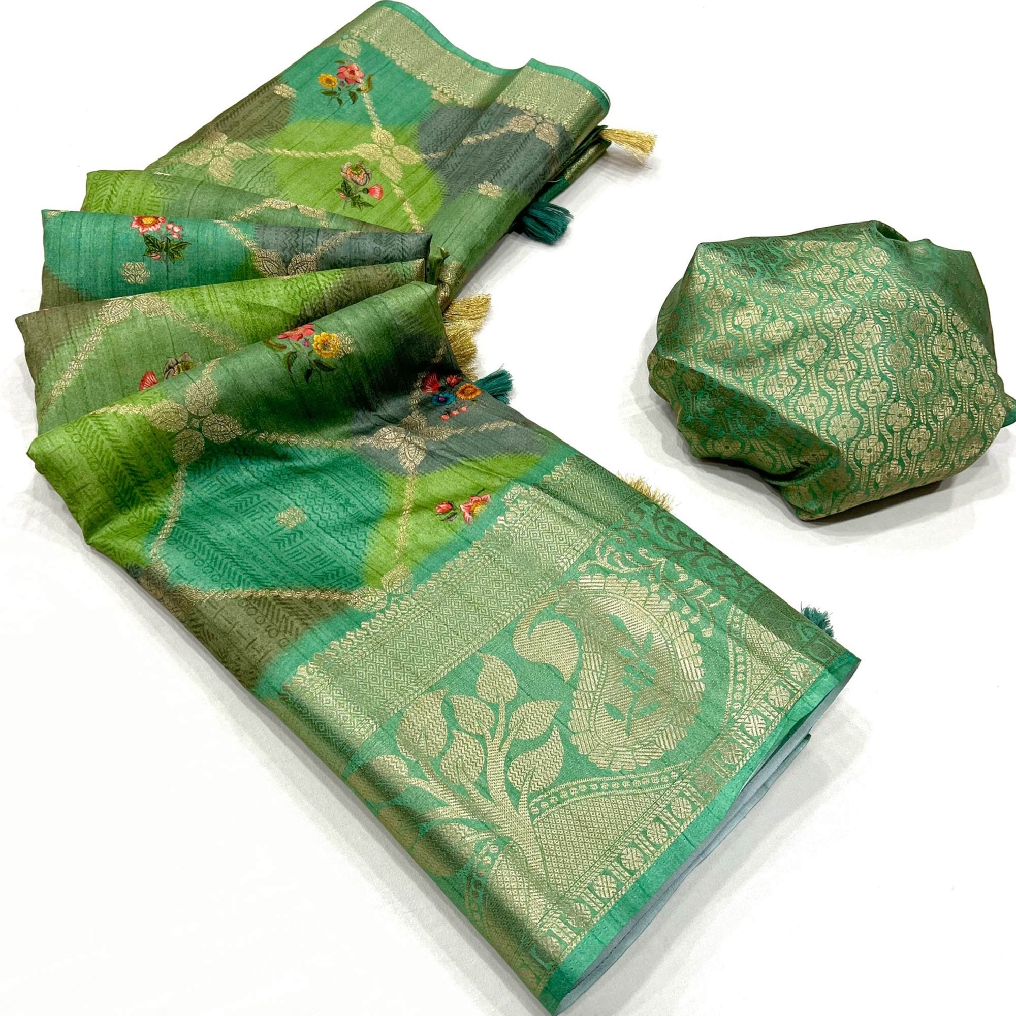 Rama Green Woven With Floral Digital Printed Raw Silk Saree
