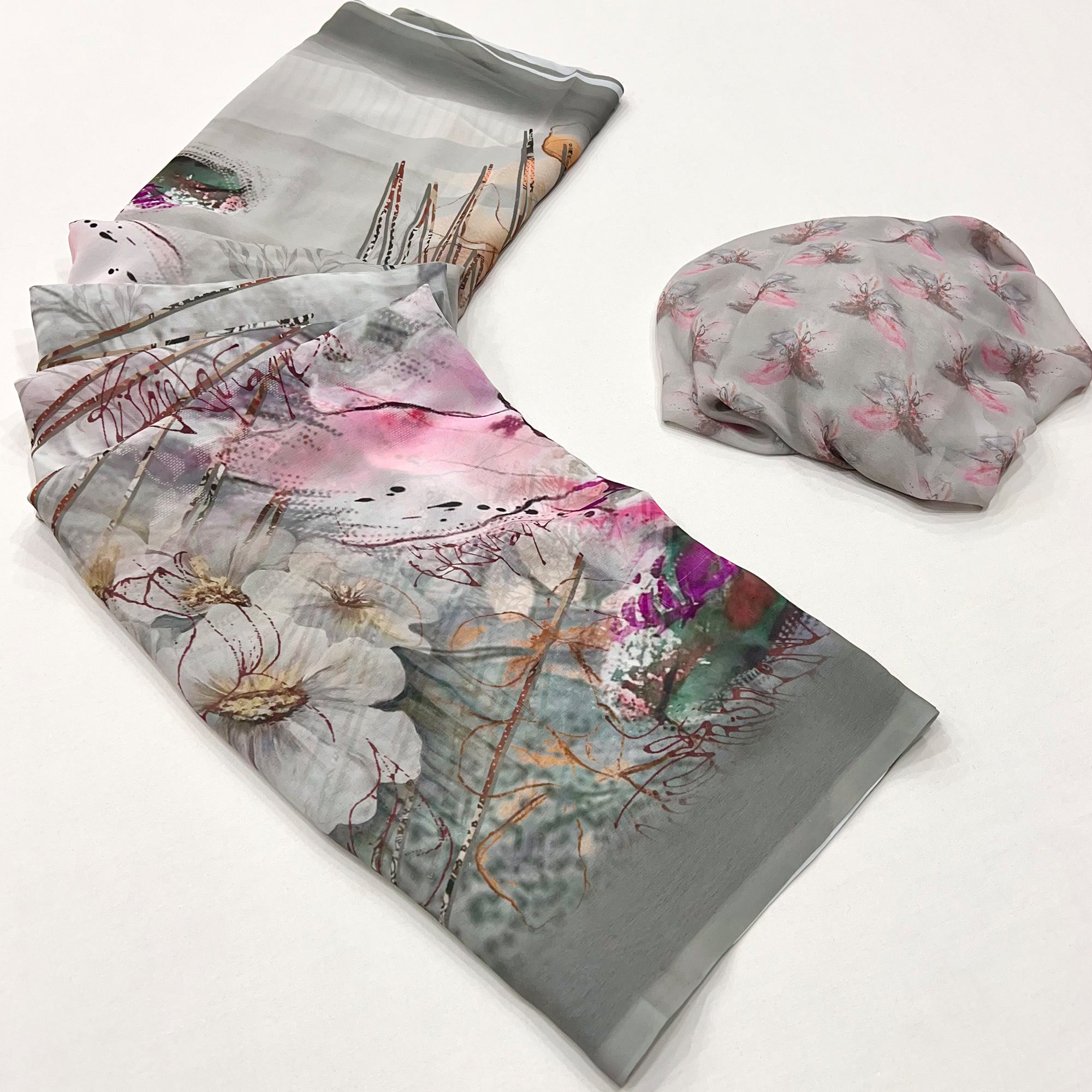 Grey Floral Digital Printed Georgette Saree