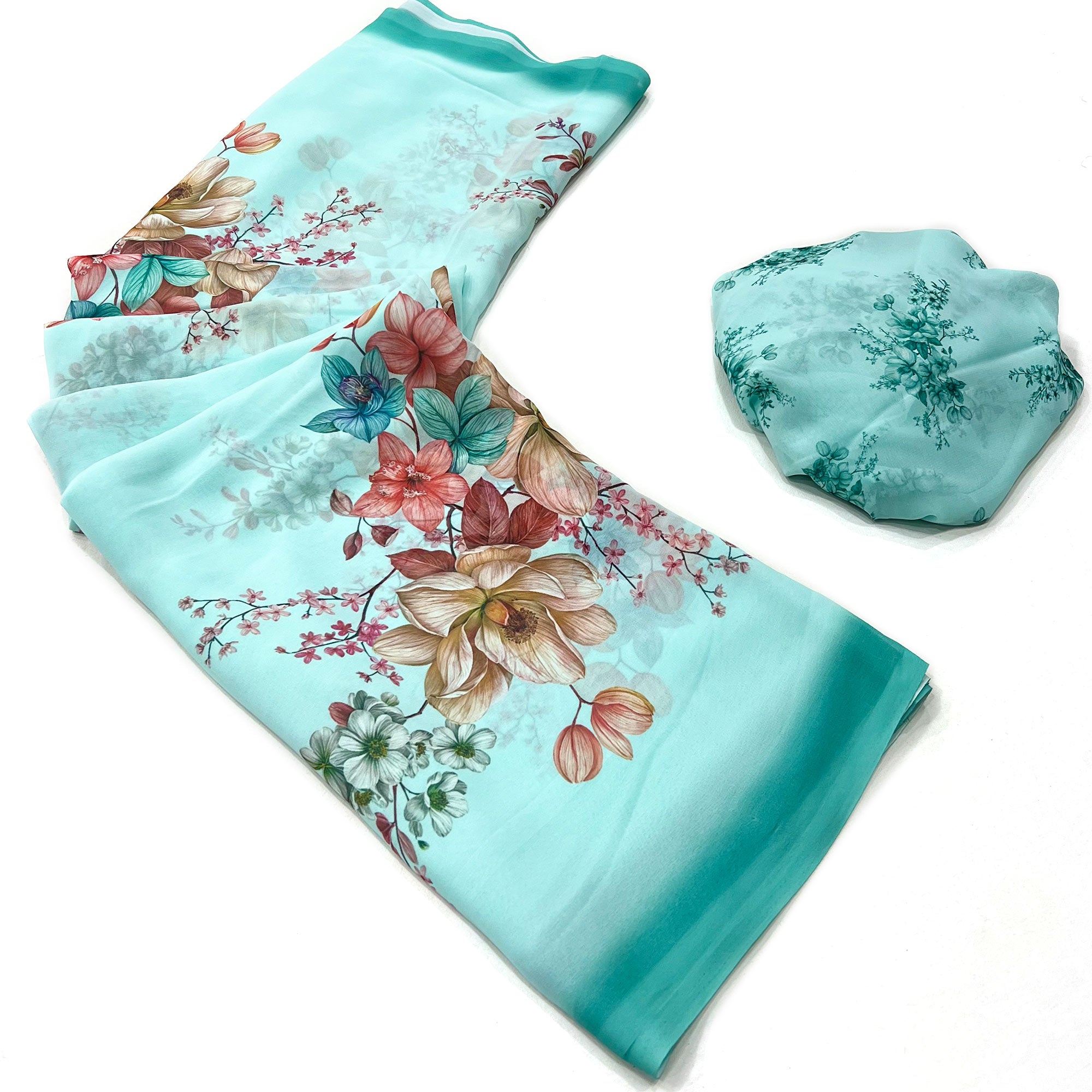 Turquoise Floral Digital Printed Georgette Saree