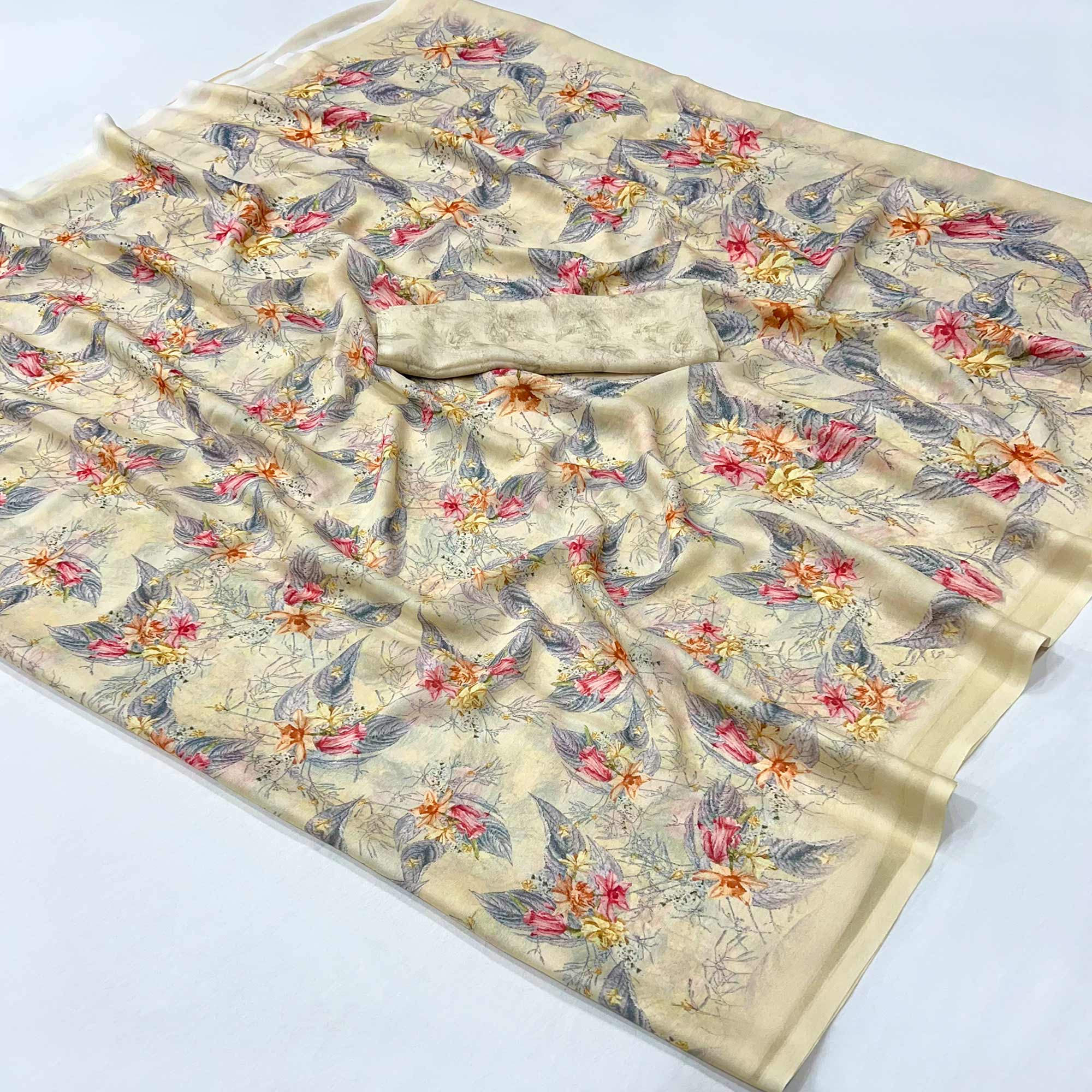 Beige Floral Digital Printed Georgette Saree