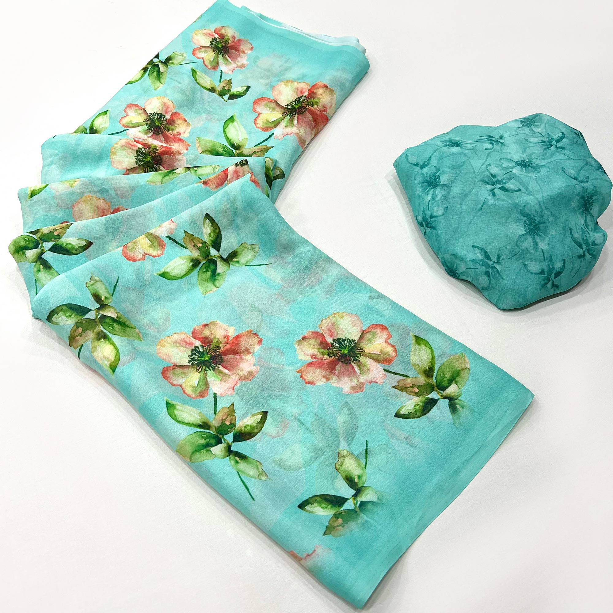 Turquoise Floral Digital Printed Georgette Saree