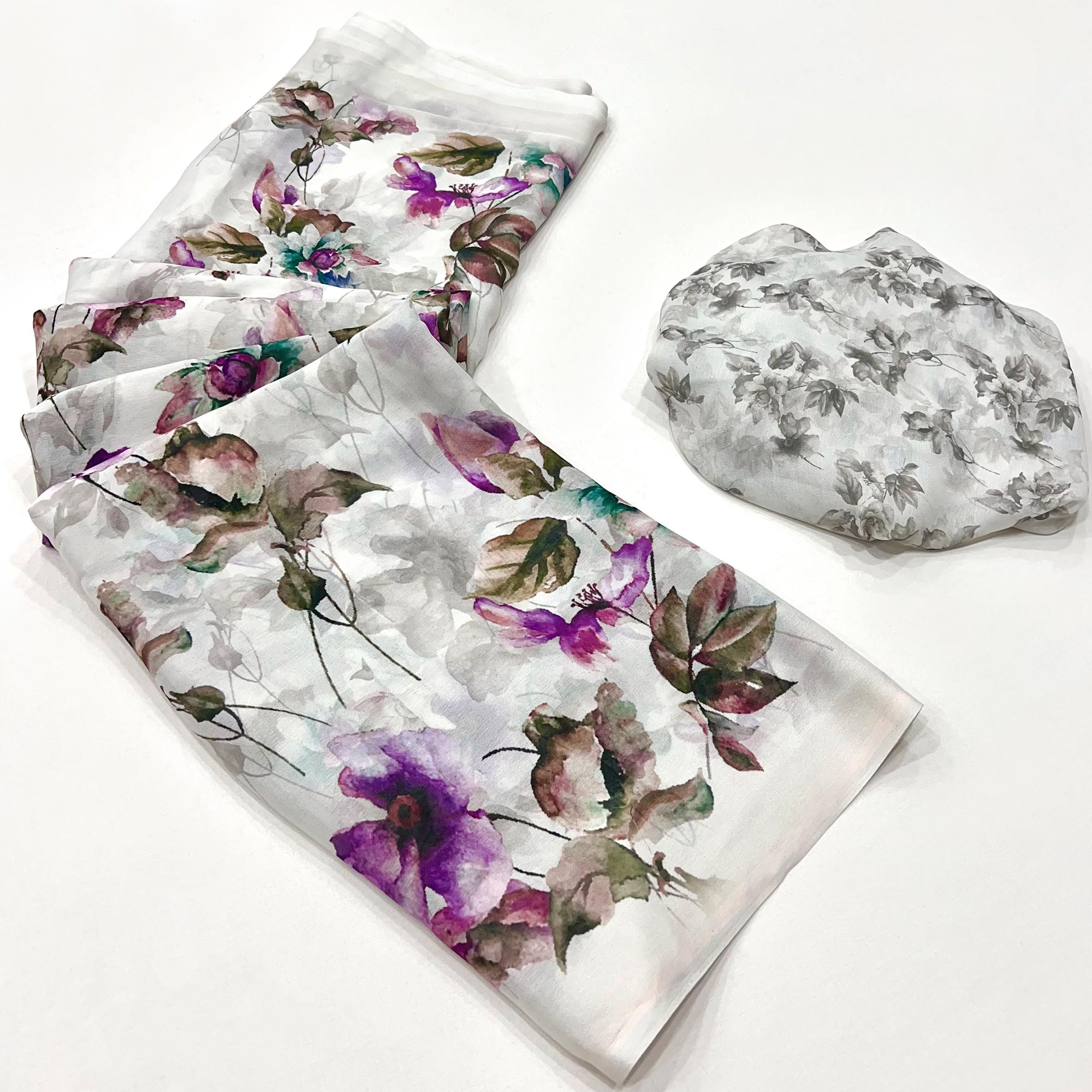 White Floral Digital Printed Georgette Saree