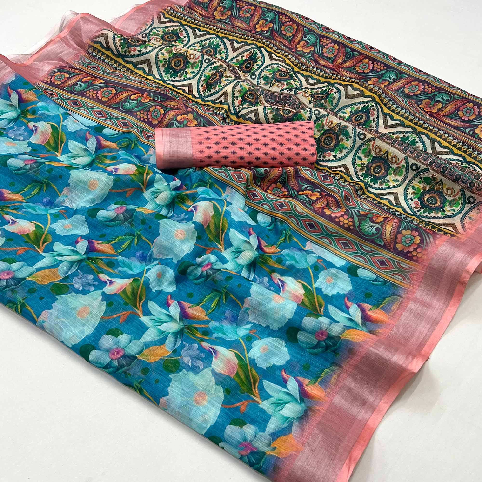 Blue Floral Digital Printed Linen Saree With Zari Border