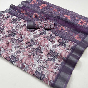 Purple Floral Digital Printed Linen Saree With Zari Border