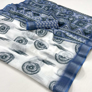 White & Blue Digital Printed Linen Saree With Zari Border