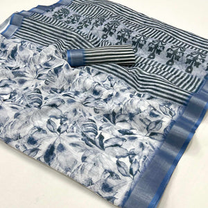 White & Blue Floral Digital Printed Linen Saree With Zari Border