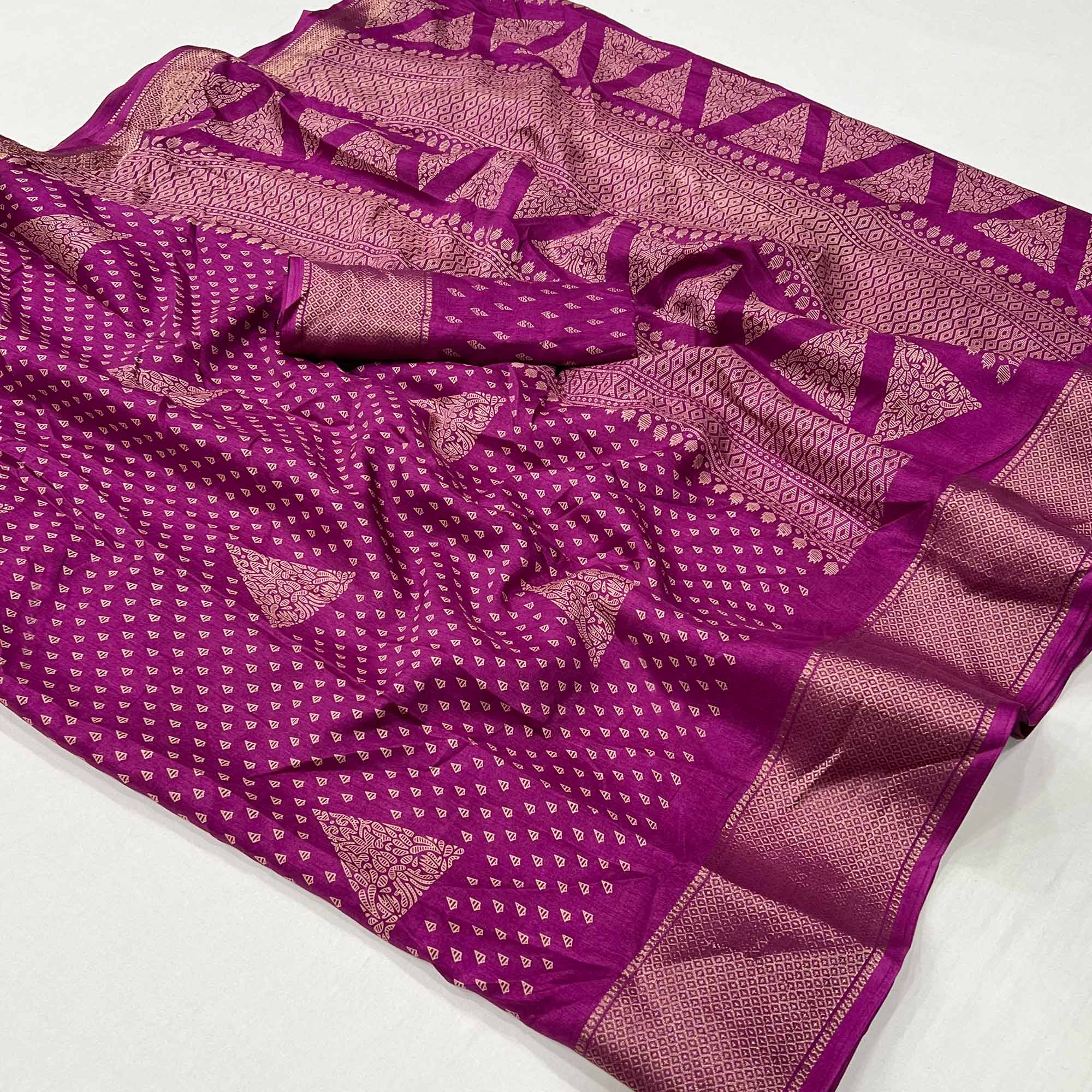 Purple Geometric Printed Dola Silk Saree With Zari Border