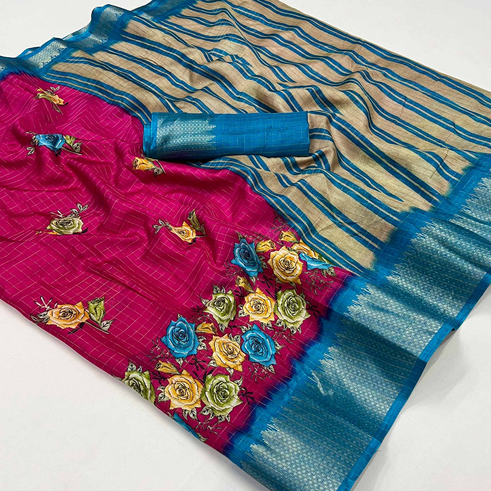 Pink Floral Zari Checks Woven Dola Silk Jacquard Saree