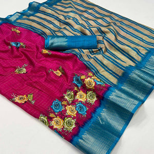 Pink Floral Zari Checks Woven Dola Silk Jacquard Saree