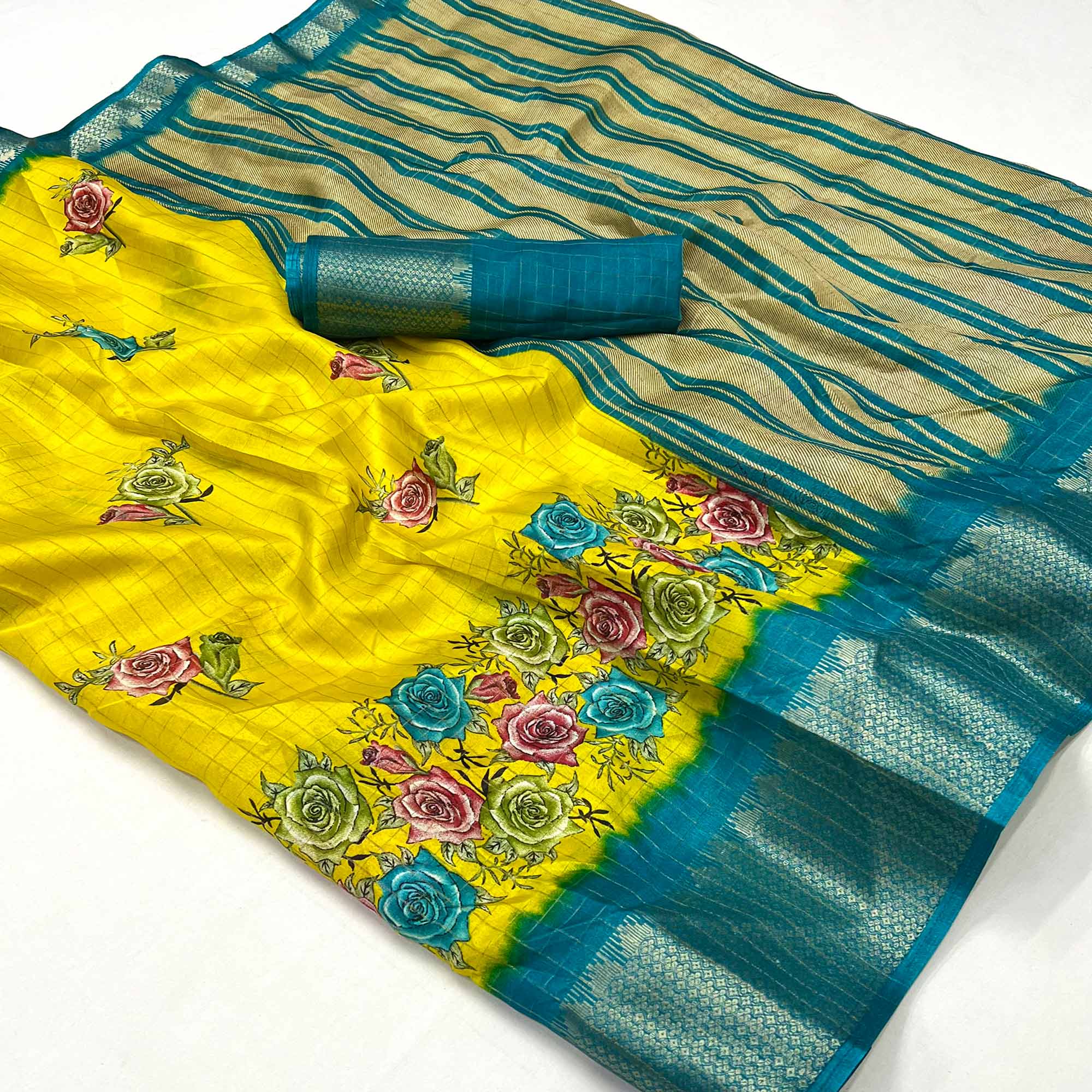 Yellow Floral Zari Checks Woven Dola Silk Jacquard Saree