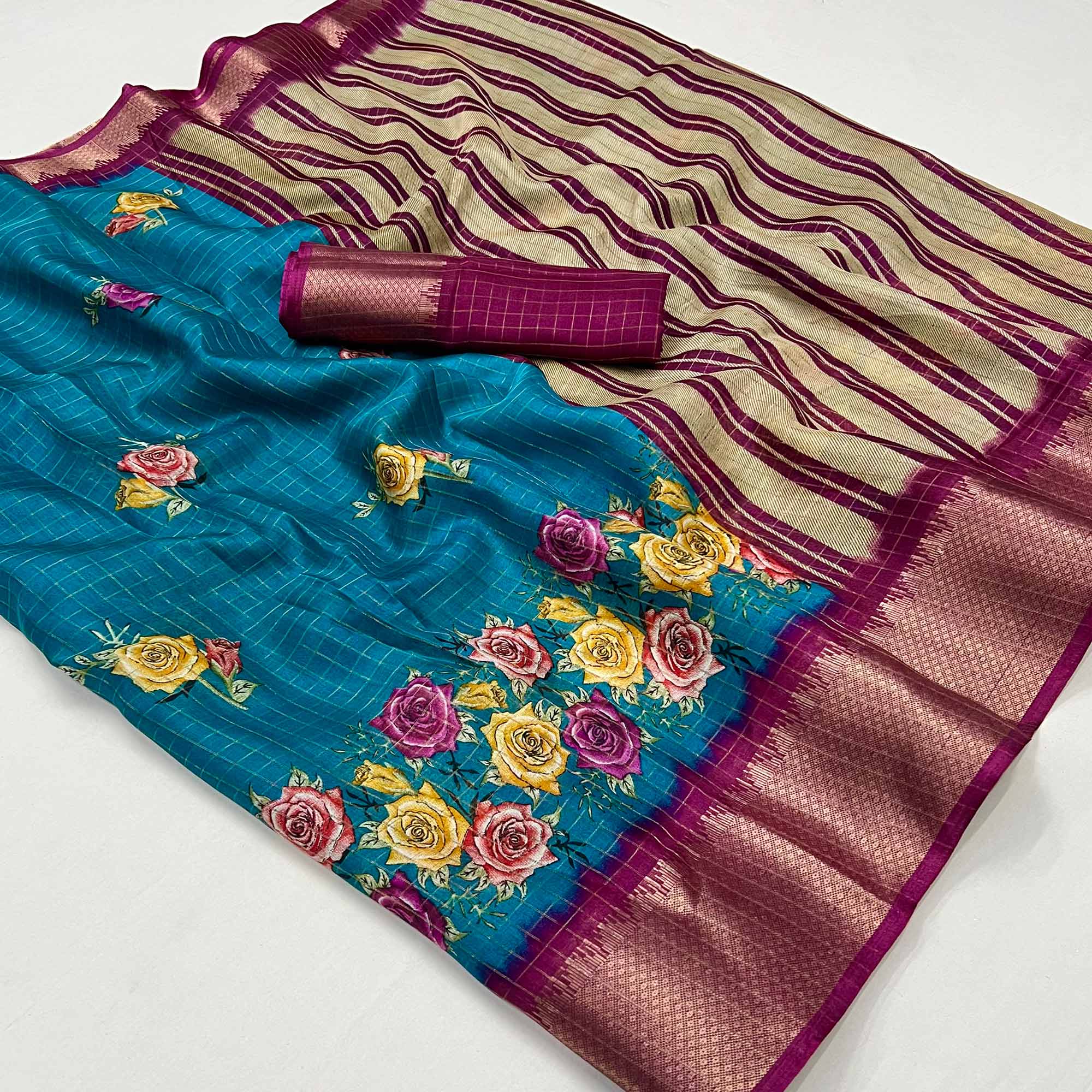 Rama Blue Floral Zari Checks Woven Dola Silk Jacquard Saree