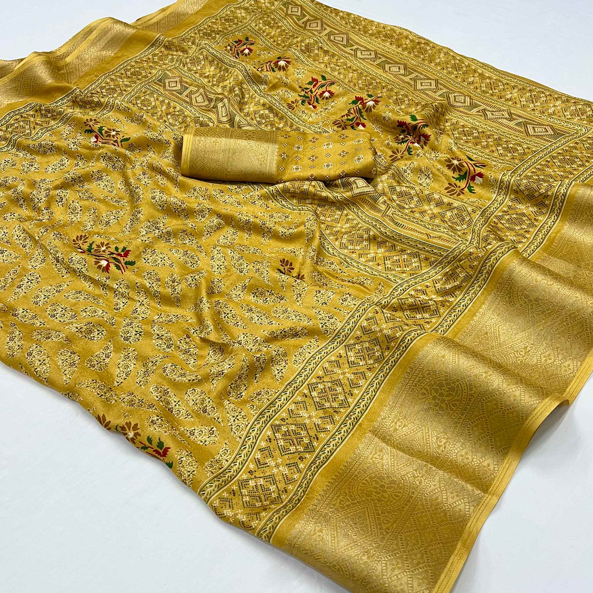 Mustard Printed Georgette Saree With Jacquard Border