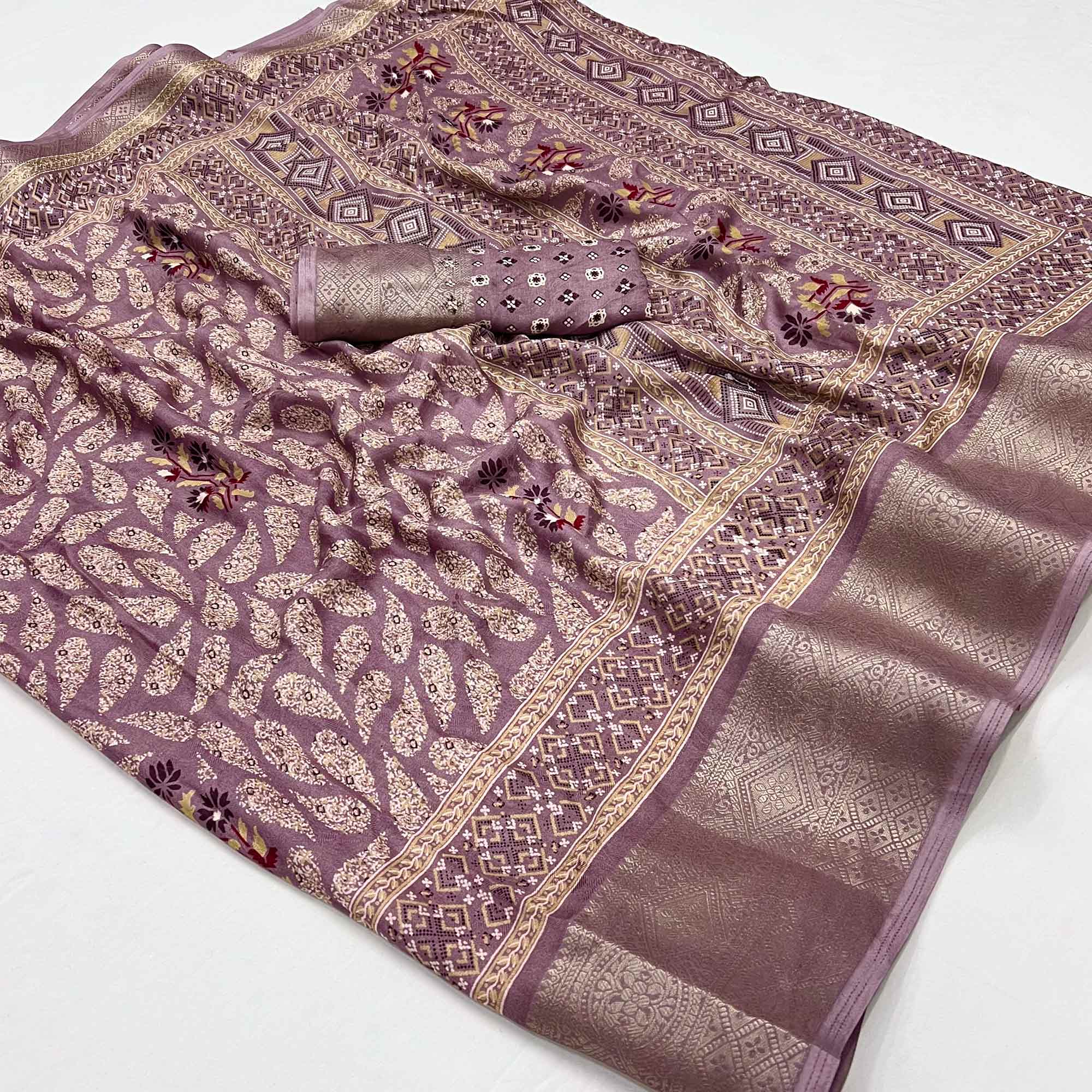 Mauve Printed Georgette Saree With Jacquard Border