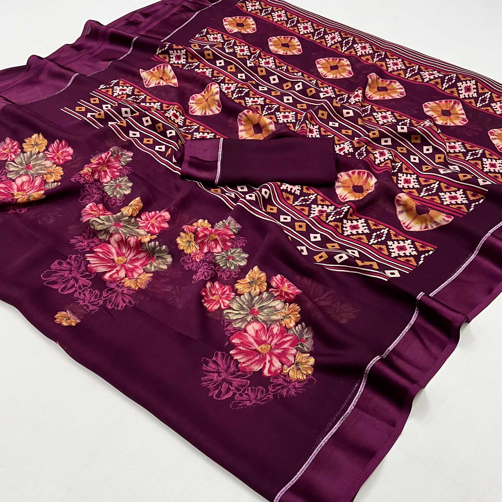 Wine Floral Printed Georgette Saree With Fancy Zari Border
