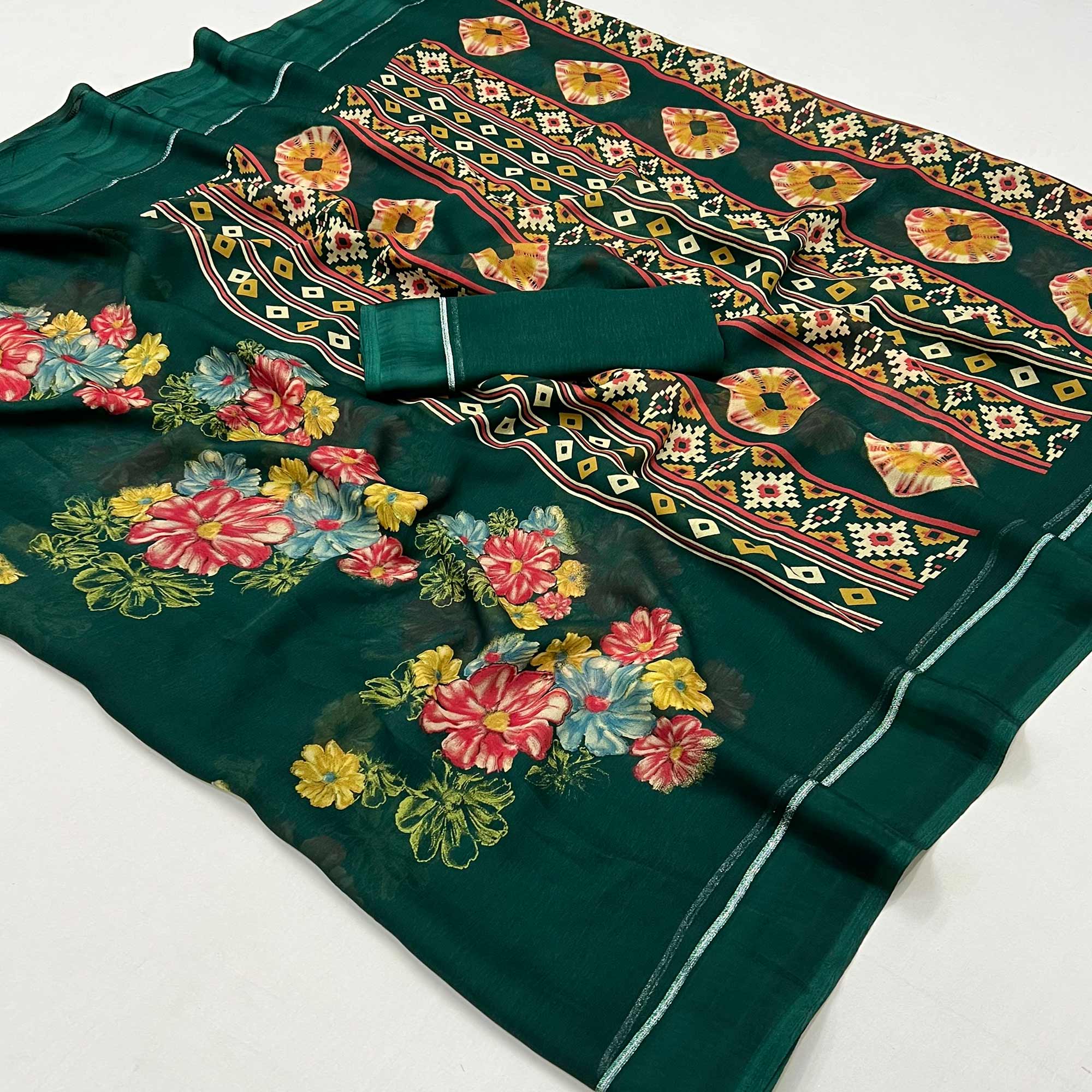 Green Floral Printed Georgette Saree With Fancy Zari Border