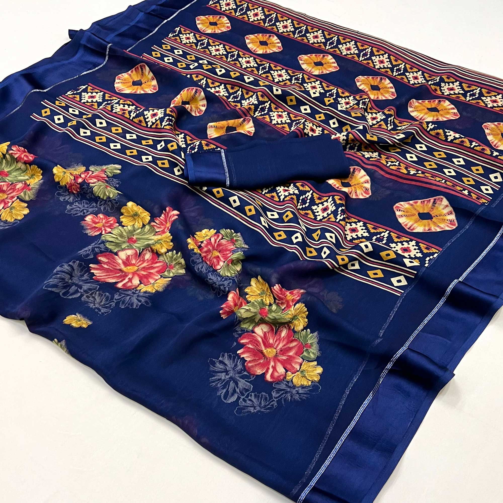 Blue Floral Printed Georgette Saree With Fancy Zari Border