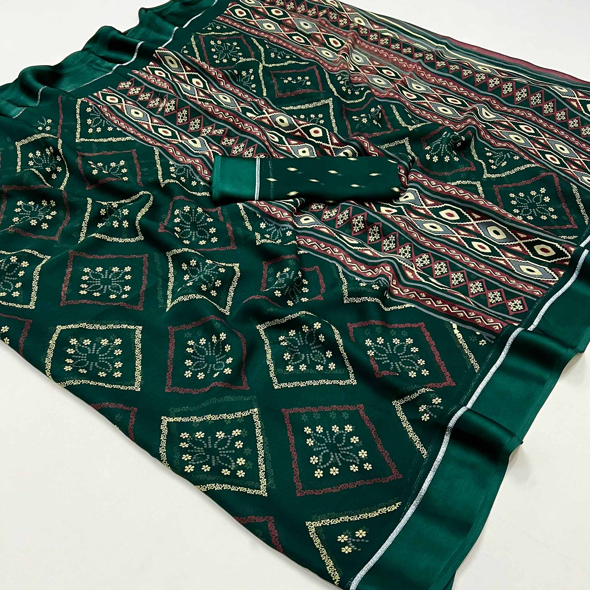 Green Floral Printed Georgette Saree With Fancy Zari Border