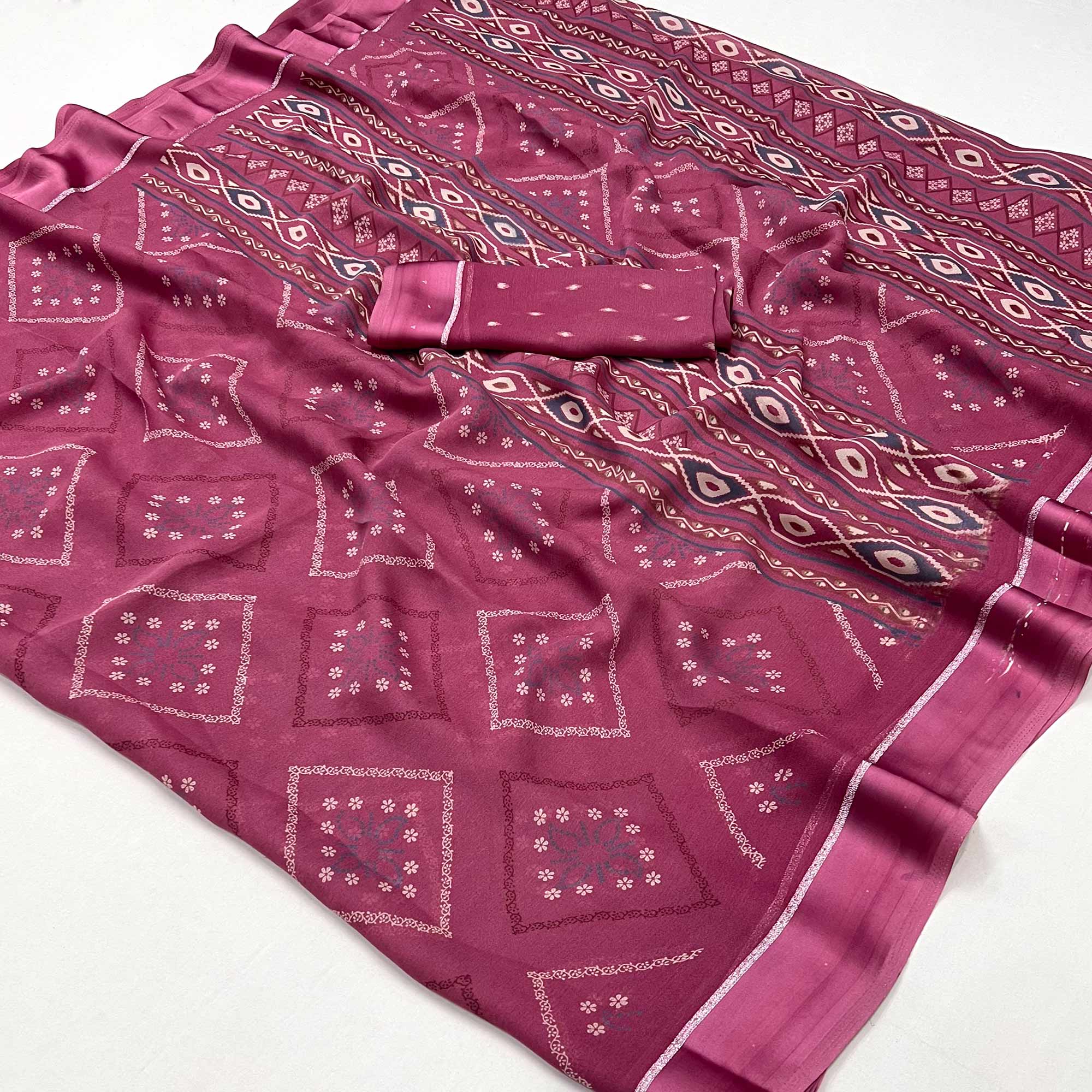Pink Floral Printed Georgette Saree With Fancy Zari Border