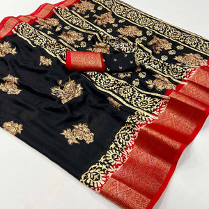 Black Floral Printed Georgette Saree With Fancy Jacquard Zari Border