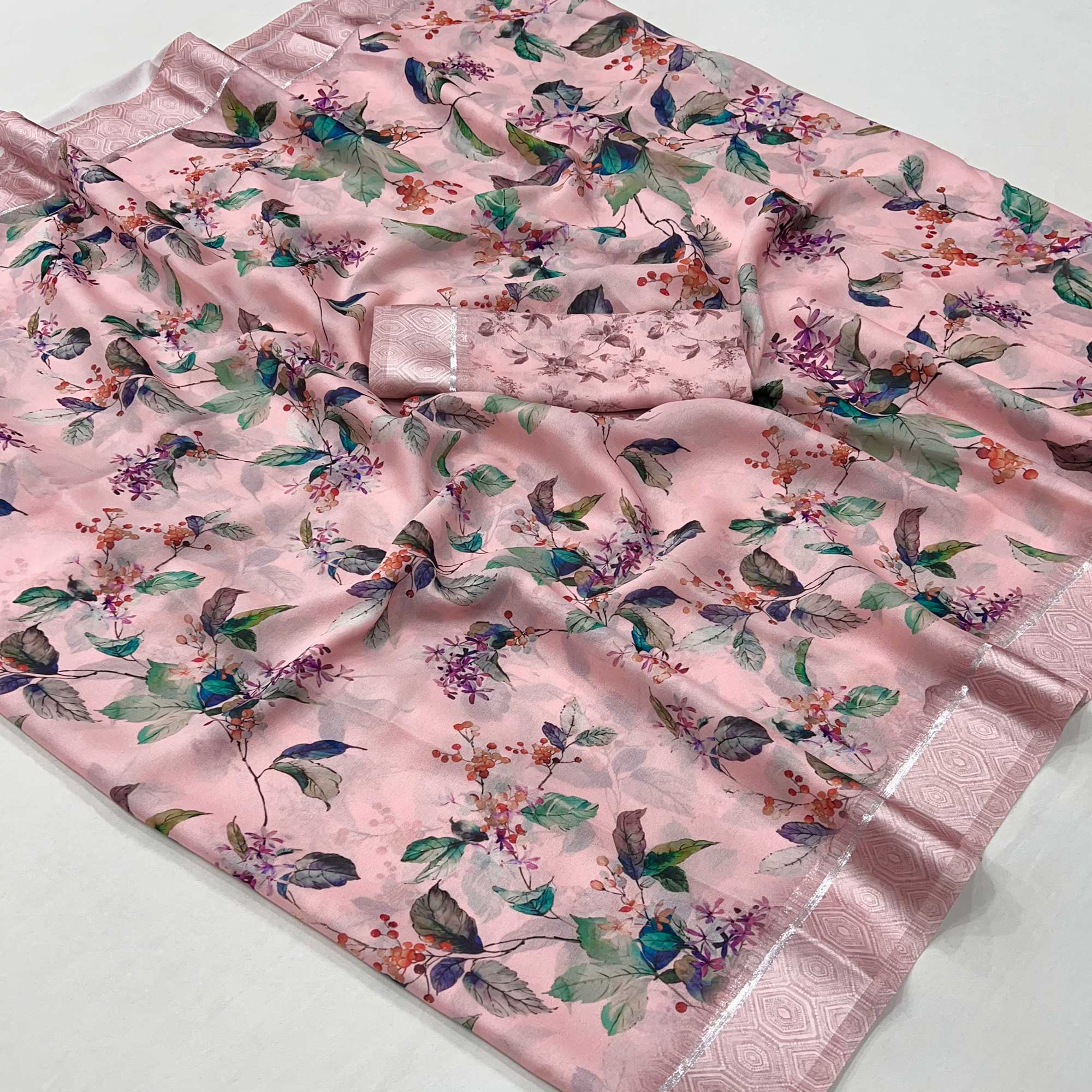 Pink Floral Digital Printed Georgette Saree With Fancy Zari Border
