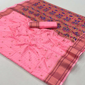 Pink Floral Woven Zari Checks Art Silk Saree
